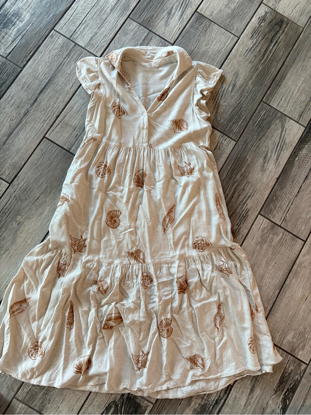 Cream Tiered Dress with gold Shell pattern